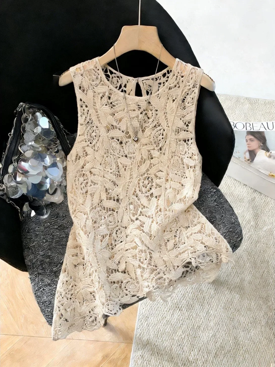 Bohemian Lace Hollow Knitted Strap Vest Women's plus Size Irregular Top round Neckline Loose Fit Outerwear Spring 2026