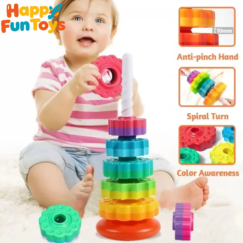 Montessori Rotating Rainbow Tower Stacking Puzzle Toys Safety And Environmental Protection Colored Children's Toys