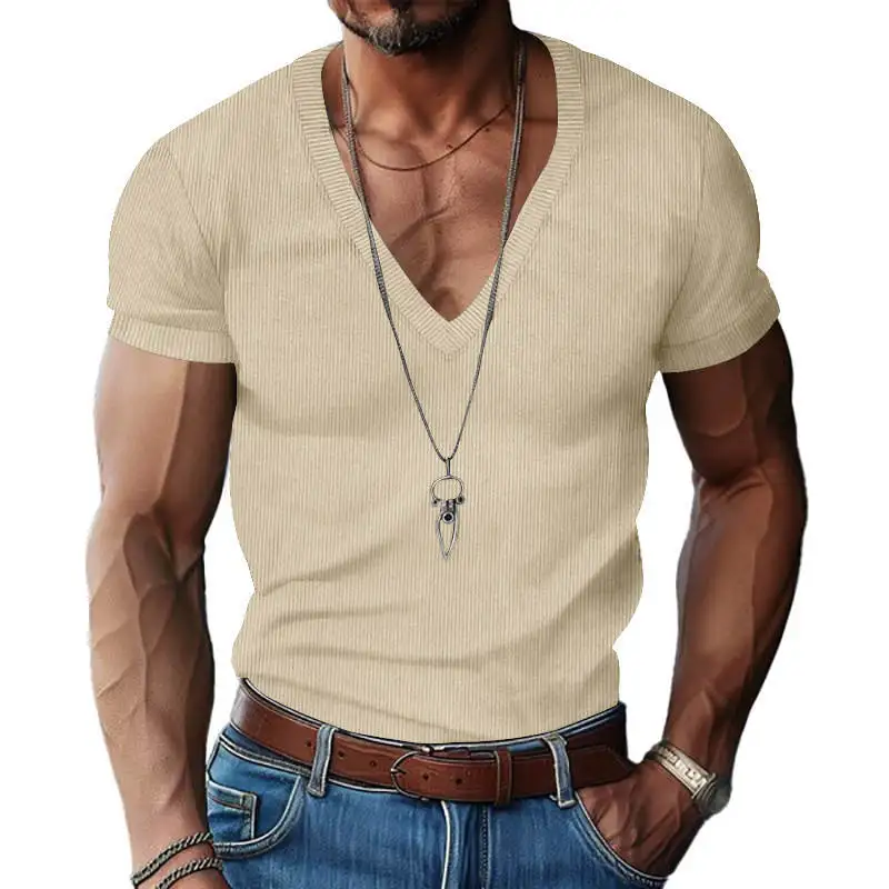 Men's Slim Fit V-Neck Short Sleeve T-Shirt Casual Summer Polyester Fiber Customizable/DIY Shirt Basic Mass Market Style