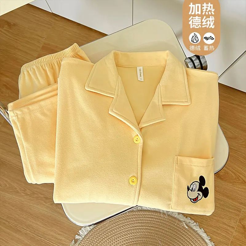 디즈니 미키 마우스 Pjs 여성 잠옷 소녀 겨울 얇은 벨벳 양털 귀여운 노란색 잠옷 만화 패션 애니메이션 홈 의류