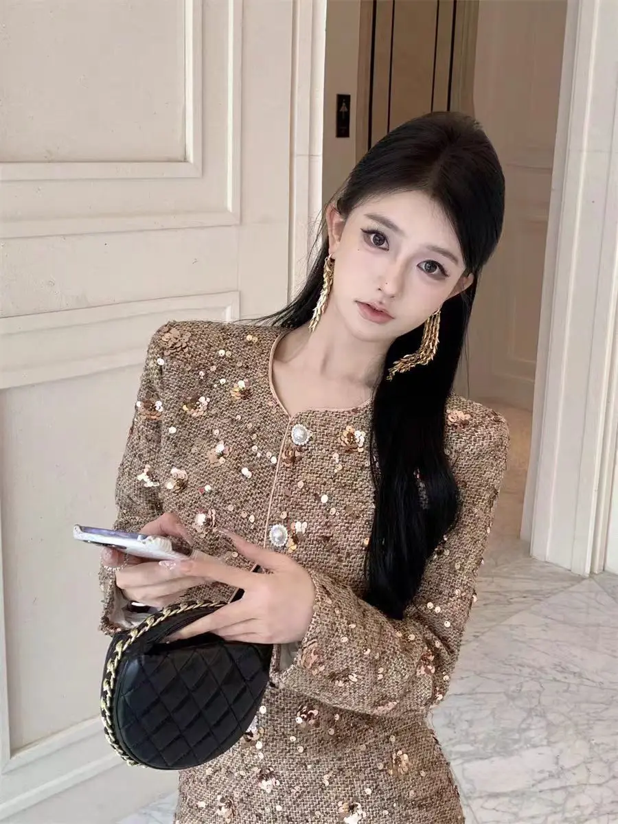 Short Jacket And Skirt Matching Sets For Women Fashion Gold Sequin Heavy-duty Clubwear Elegant Socialite Style New Autumn Cute