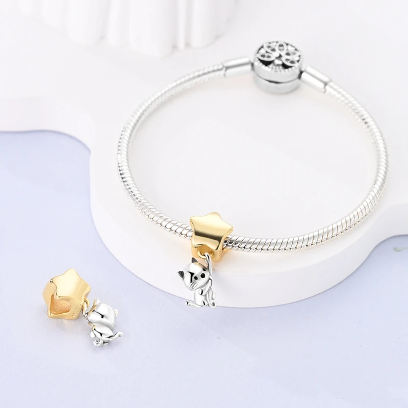 925 Sterling Silver Cat Picking Star String Decoration Charms Pendant Fit Original Bracelet DIY Women Fine Party Jewelry Gifts