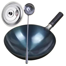 32/34cm Seasoning Blue Iron Wok Uncoated Nonstick Pot Lightweight Classic Chef Wok Outdoor Kitchen Cookware for Gas Stove