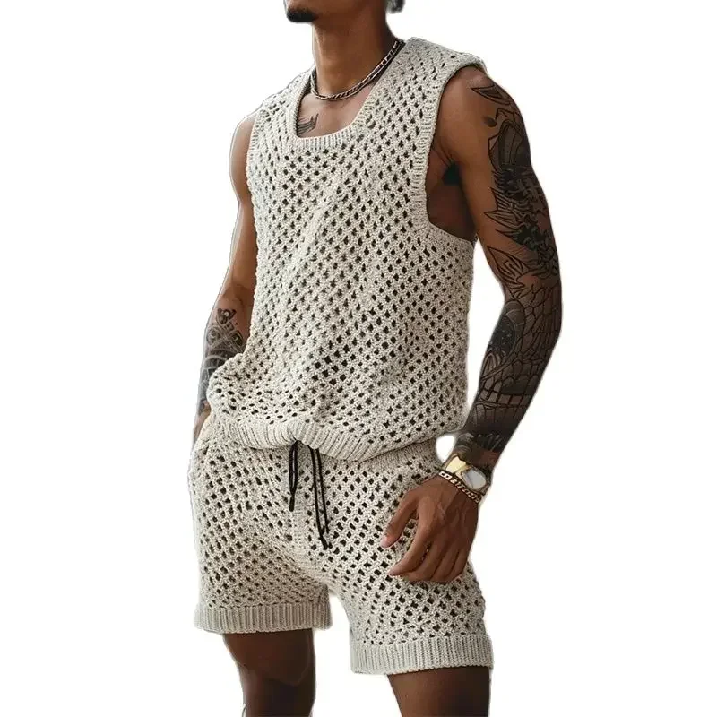 Summer Hollow Out Knitted Two Piece Sets Men Casual Solid Color Sleeveless Tank Tops and Shorts Suits Mens Vintage Knit Outfits