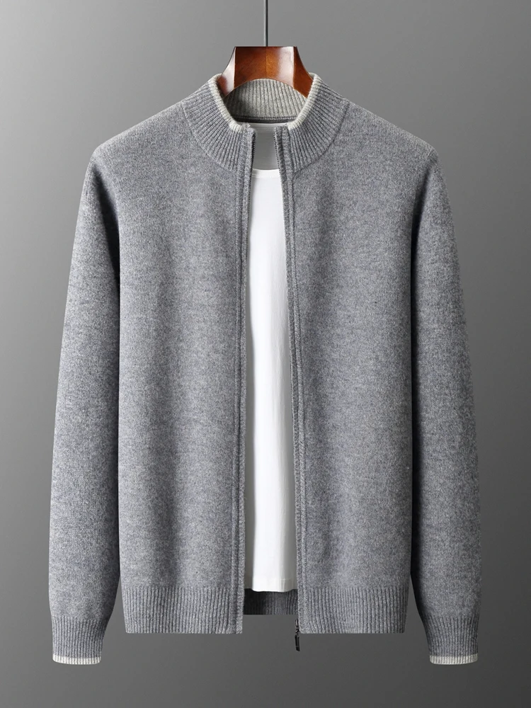 

Men's Cashmere Cardigan 100% Merino Wool Zipper Sweater Autumn Winter Thick Warn Knitwear Smart Casual Jacket Mock Neck Tops