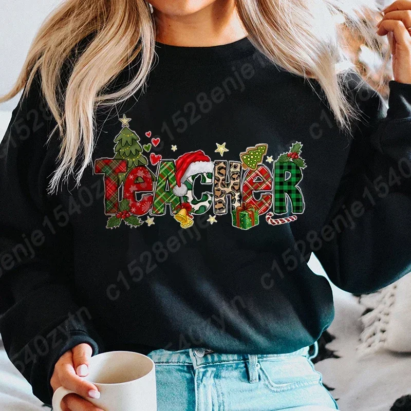 Teacher Christmas Print Crew Neck Sweatshirt, Casual Long Sleeve Pullovers For Fall & Winter, Women\'s Sweatshirts