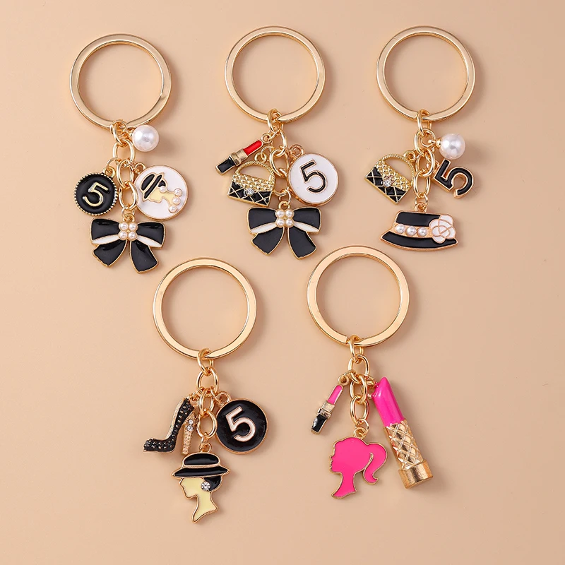 

Cute Enamel Bowknot Lipstick Keychain Women Girls Number 5 Key Ring Pendant for Handbag Decor Handmade Jewelry Gift