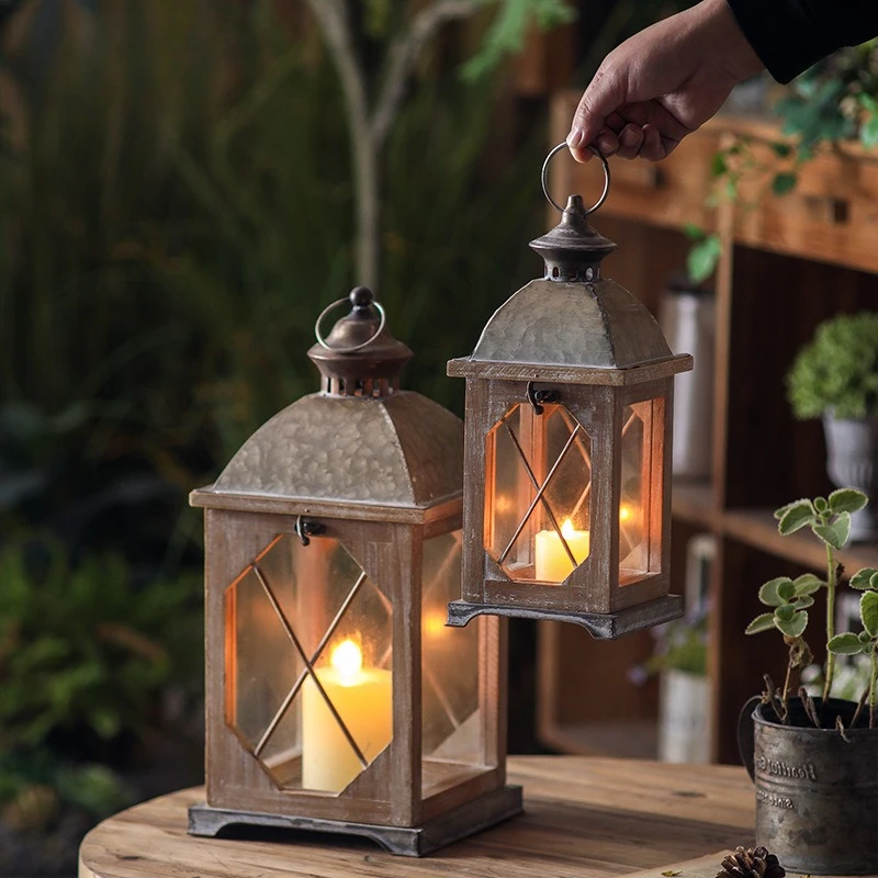 

American Vintage Iron Candle Holder Retro Style Outdoor Windproof Rainproof Candle Lantern Home Decor Ornaments Room Decoration