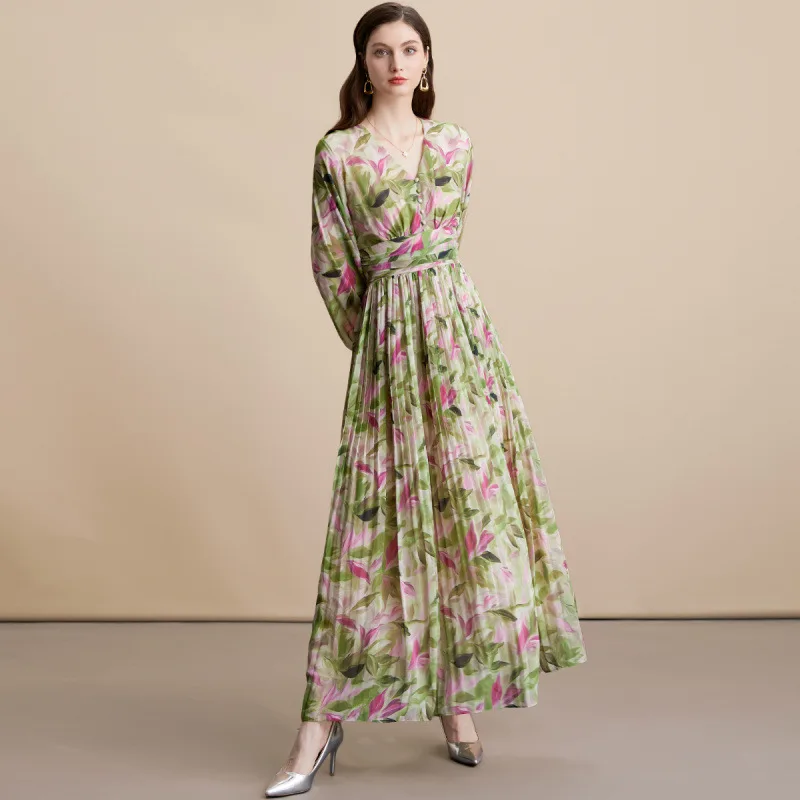 تنورة طويلة من Ele V-Ne مطبوعة بالورود Dr للتخسيس بخصر عالٍ، تنورة طويلة من نسيج البوليستر على الشارع Sve Maxi Dr للنساء