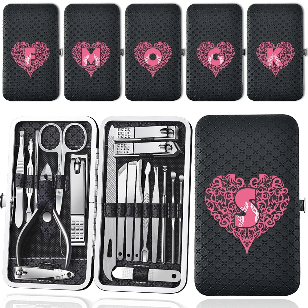 

19 Pcs Nail Clippers Set Storage Box Portable Manicure Organizer Multifunctional Pedicure Kit Personal Care Love Letter Pattern