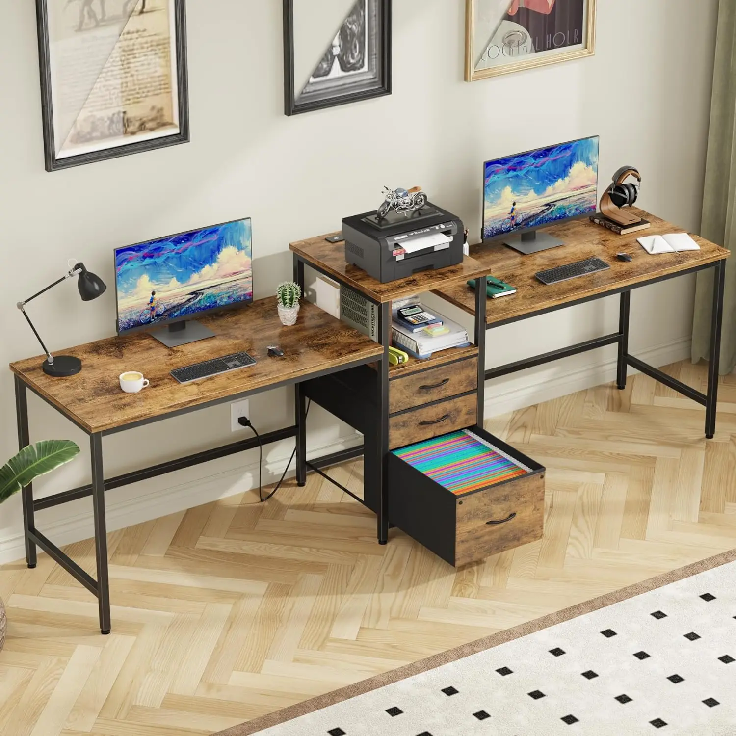 

93'' Two Person Desk with Charging Station, Long Desk with 3 Fabric Drawers and Printer Shelf, Double Computer Desk