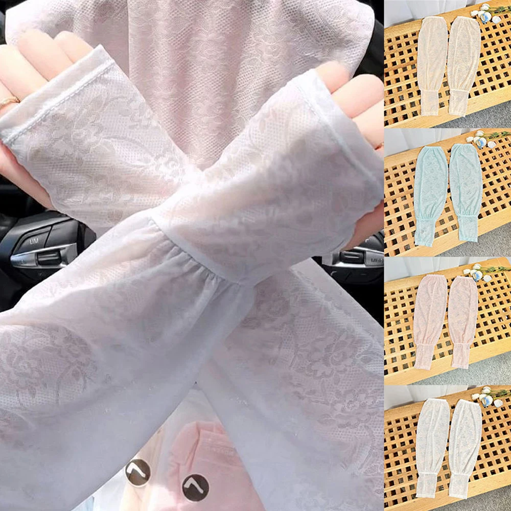 Summer Long Half Finger Gloves Women Sun Protection Sleeves Lace Flower Driving Arm Sleeve Sunscreen Uv Breathable Mittens