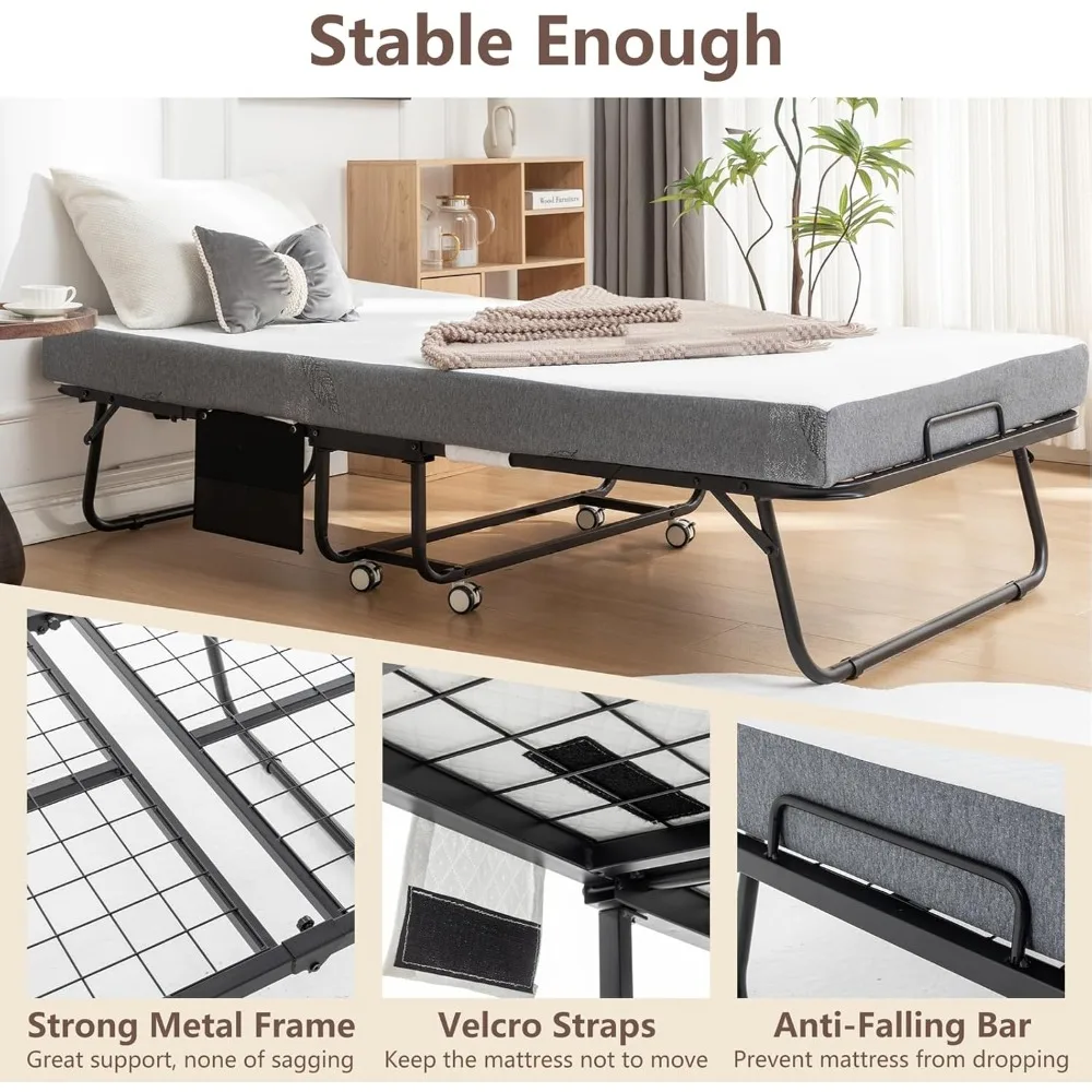 سرير ضيوف محمول مزدوج الحجم قابل للطي مع مرتبة، إطار فولاذي عالي التحمل للبالغين