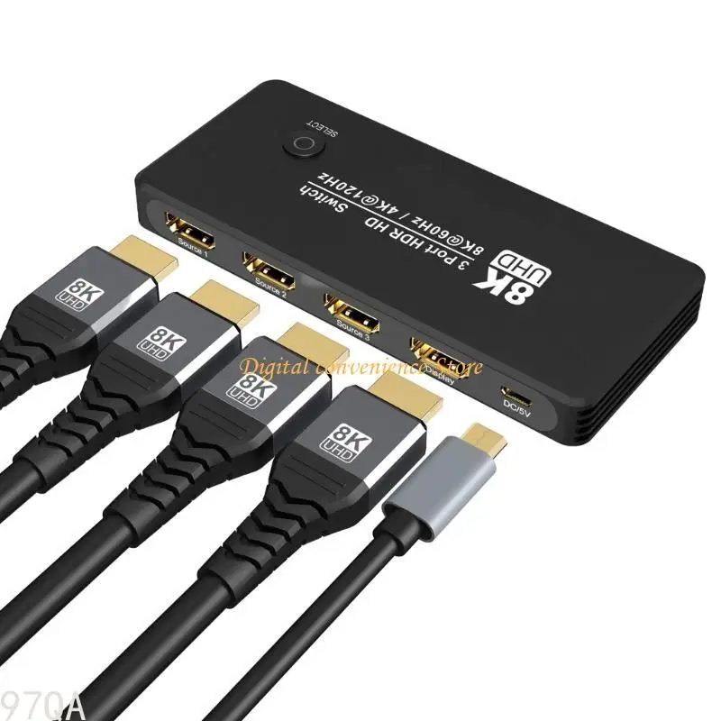 97QA 3 Port HDTV 8K Switcher مع دعم عن بُعد 8K@60Hz 4K@120Hz السرعة العالية 3 في 1 OUT
