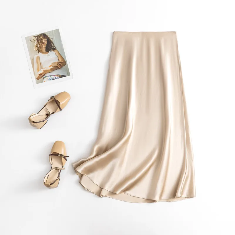 Women's Casual Early Autumn Temperament 100% Natural Mulberry Silk Plain Satin Elastic Waist Oblique Cut Hip Hugging Skirt