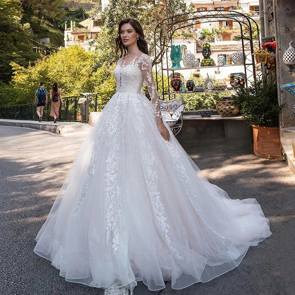 

Lorencia Illusion Long Sleeves Scoop Gorgeous A Line Wedding Dress Lace Appliques Beading Tulle Women Vestido De Noiva YAW101