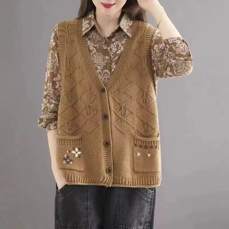 Knitted Vest Cotton Thread Loose Fit Large Size New Embroidery Mm Retro Patchwork Artistic Cardigan Thin Cut Hollowed Out Vest