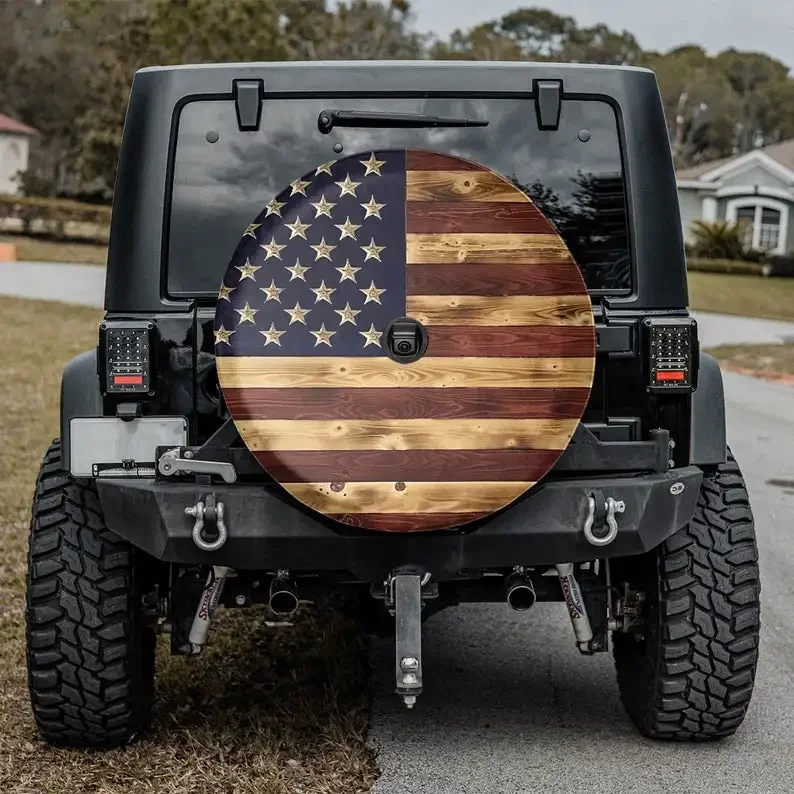 Gift For Father, American Wooden Flag Tire Cover, Compass Tire Spare Tire Cover, Gift For Man, Independence Day Decor, Gift For