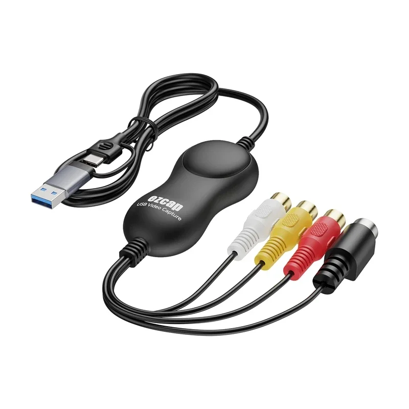 USB 2.0 Type C AV RCA S-Video Video Capture Card Recording for VHS Hi8 DVD Player Camcorder Support PAL NTSC or SECAM Standard