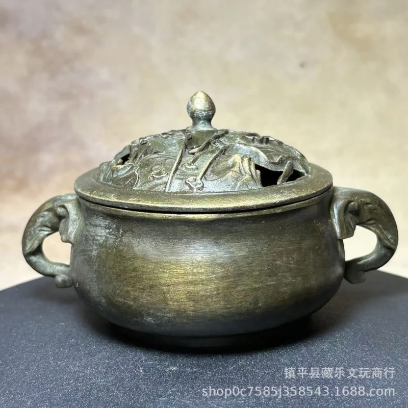 Antique vintage pure copper double-handled incense with hollow lotus carving, aromatherapy burner, tea ceremony accessory
