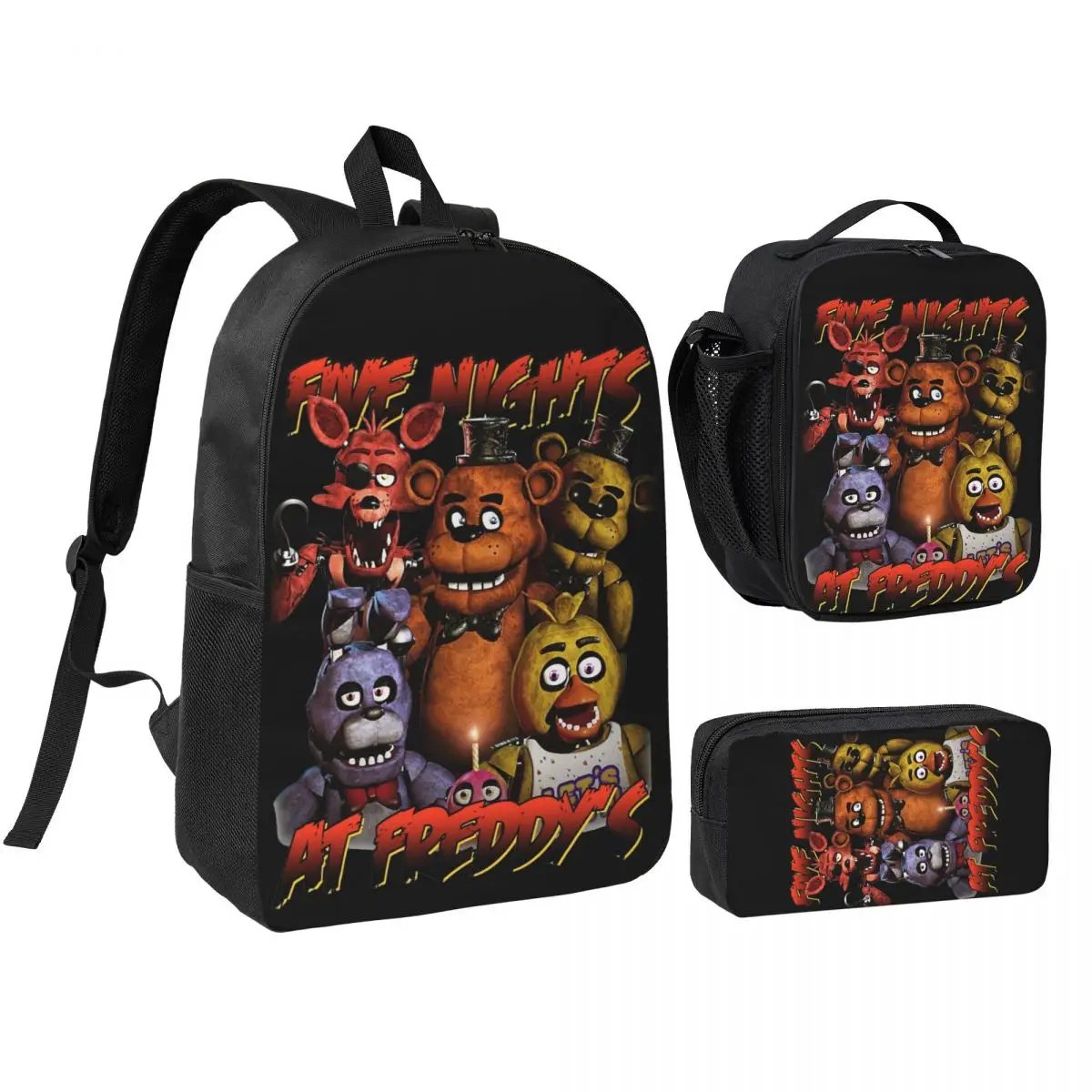 

3pecs/set FNAF Backpack for Student Movie Homage Vintage High School Shoulder Bag Lunch bag Pencil Case