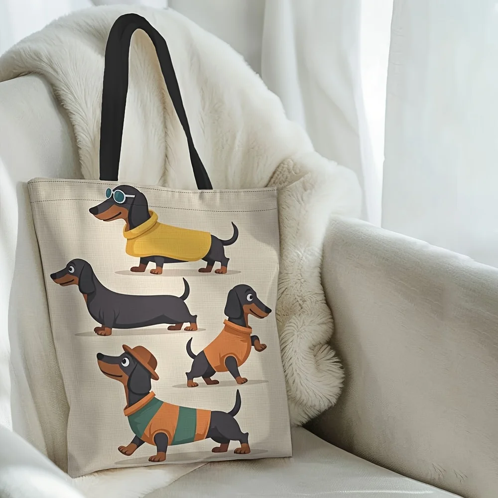 Schicke Einkaufstasche mit Dackel-Aufdruck, großes Fassungsvermögen, lässige Schulterhandtasche für Damen, robuste, wiederverwendbare Einkaufstasche aus Polyester – Detail 3