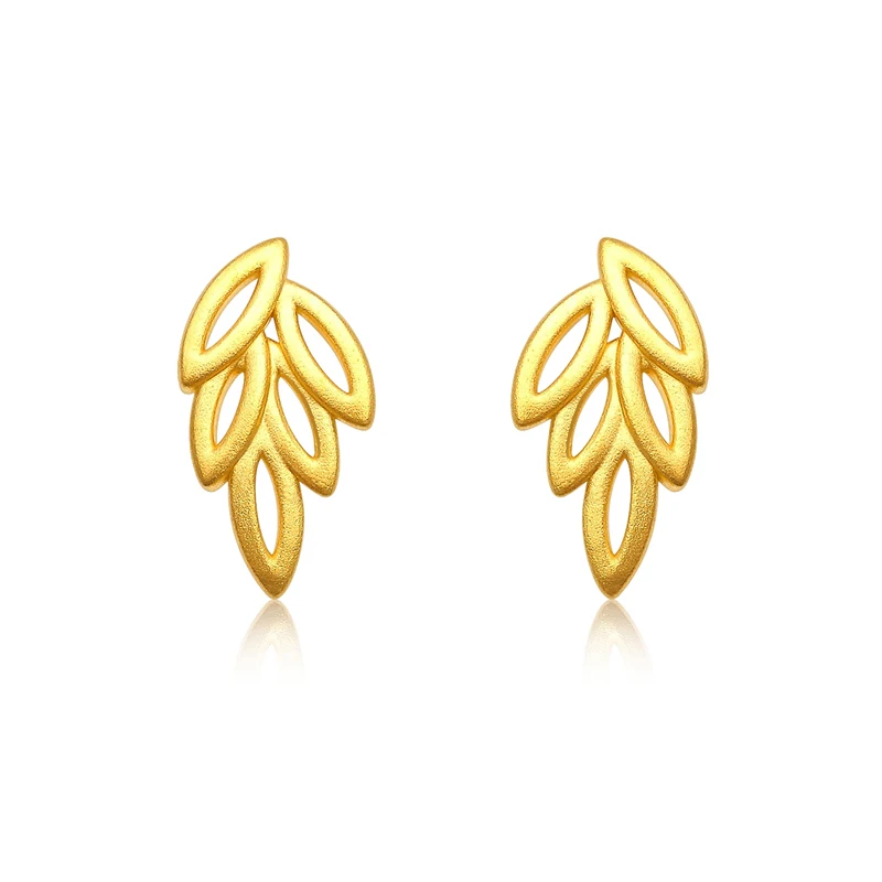 New 24K Yellow Gold Earrings Women 999 Gold Leaf Stud Earrings