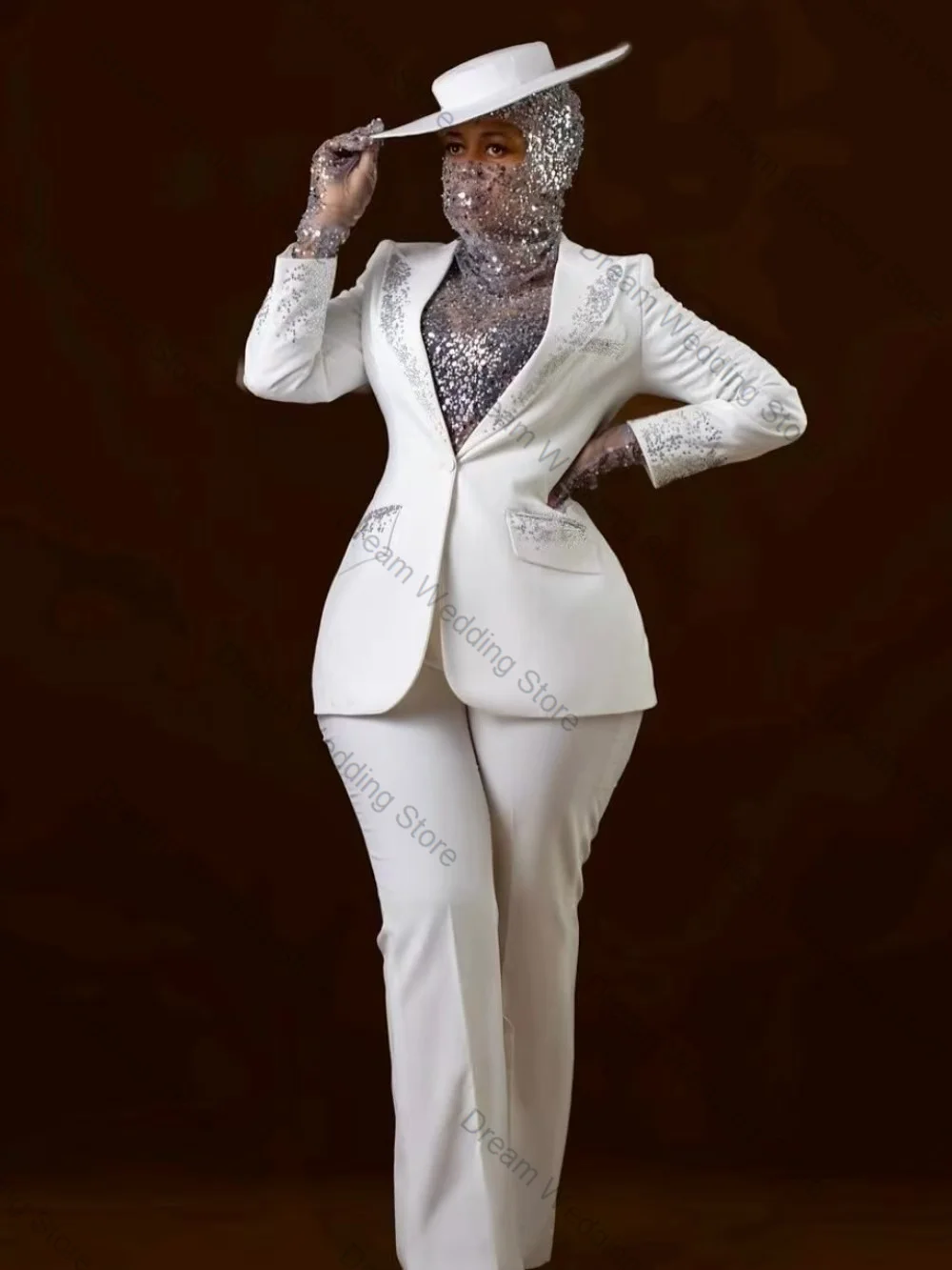 

White Women Suit Set 2 Pcs Blazer+Pants Trousers Luxury Crystals Formal Office Lady Jacket Customized Cotton Wedding Guest Coat