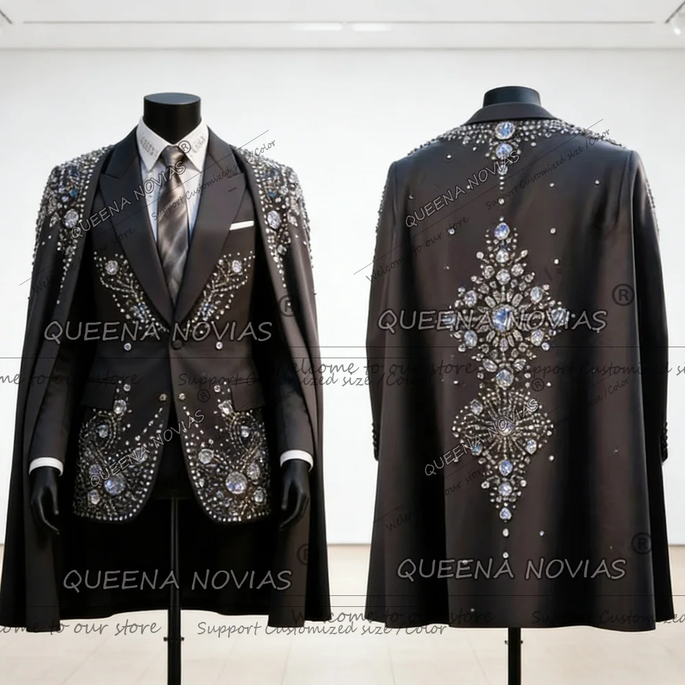 

Luxury Beaded Stones Suit Attire For Men Single Breasted Prom Blazer With Cape Long Customized Man Banquet Wedding Groom Tuxedos