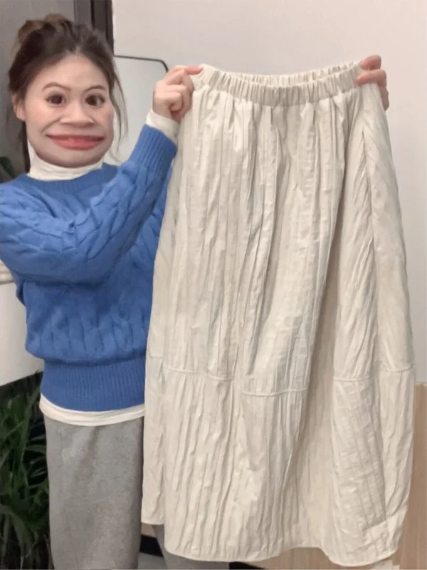 

Autumn Winter Women's High Waist A-Line Skirt Textured Flower Bud Mid-Length Lantern Skirt Slimming Effect Light Pink