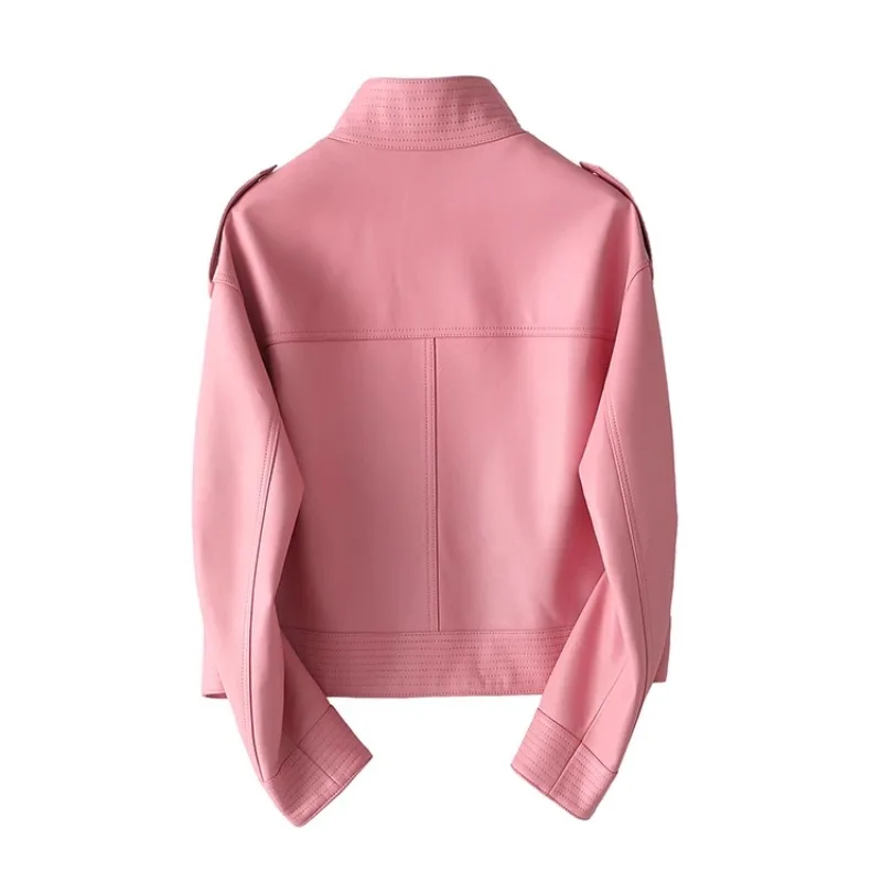 2024 New High End Light Coated Real Sheepskin Short Casual Coat Pink Genuine Leather Jacket Women Fashion Clothing