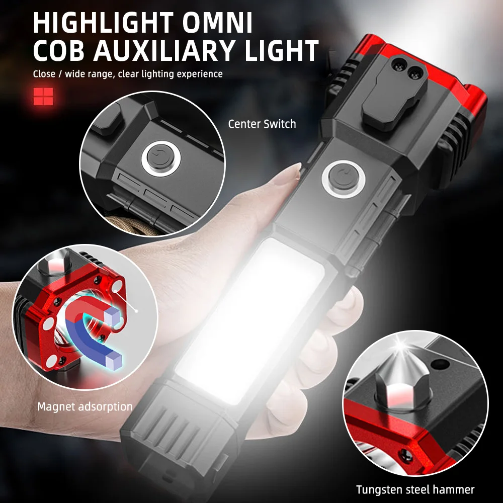 【Hot】USB Charging Super Bright LED Flashlight with Safety Hammer Side Light Torch Light Portable Lantern Outdoor Adventure Light