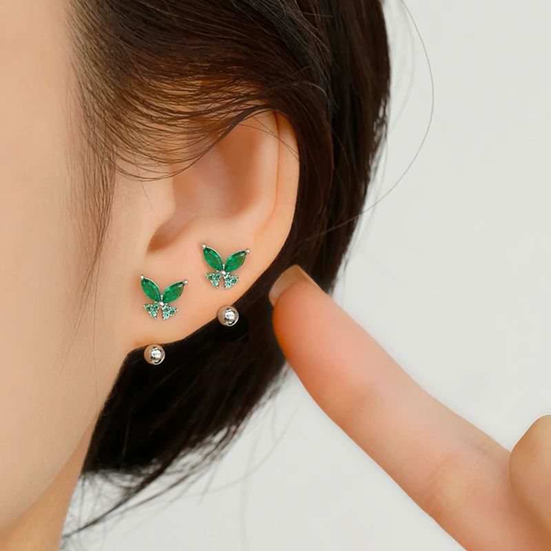 2pcs Stainless Steel Green Butterfly Stud Earrings For Women Tragus Cartilage Helix Hoop Conch Rook Daith Lobe Piercing Jewelry