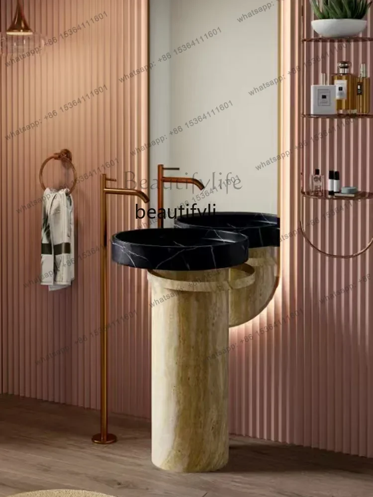 Medieval travertine column black and white root basin hotel famous villa bathroom bathroom column wash basinFactory Direct