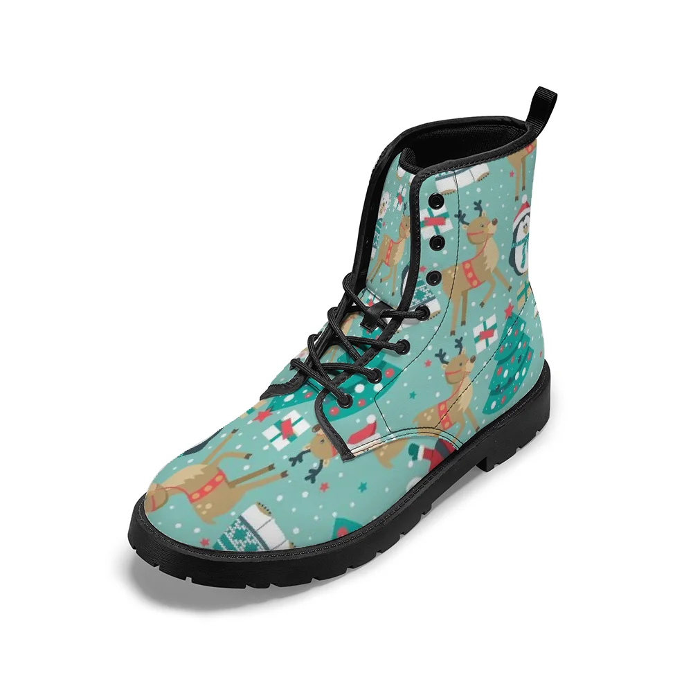 

Lake blue Christmas reindeer print mid-calf boots, unisex boots for autumn and winter.