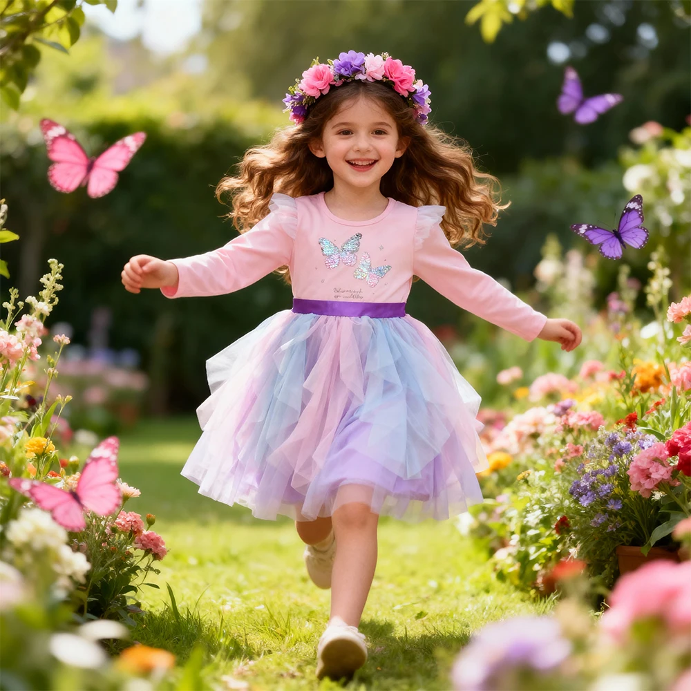 DXTON Children Fairy Princess Outfits Irregular Mesh Girls Dresses Butterfly Sequin  Toddler Vacation Dress Girls Autumn Clothes