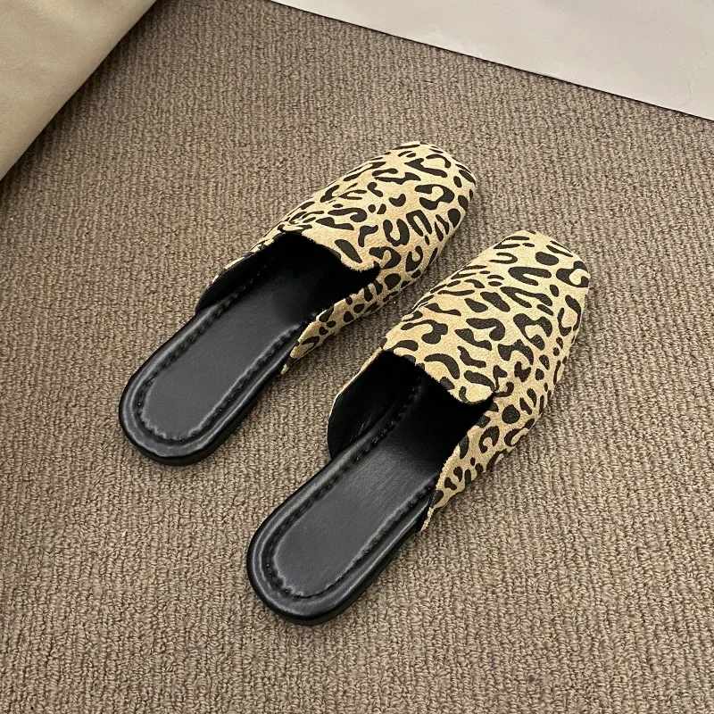 Fashion Leopard Mules Shoes Women Fur Slippers Velvet Ladies Low Heel Flower Decoration Sandals Woman Flip Flops 42 Size Slides