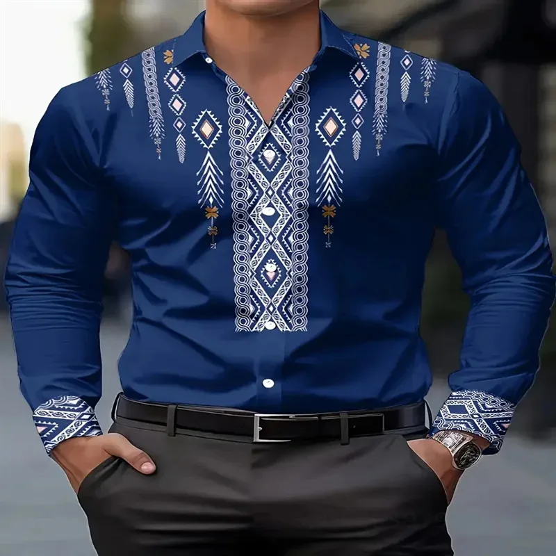 

Men's ethnic style printed casual shirt Spring and autumn breathable long sleeve button geometric pattern shirt machine washable
