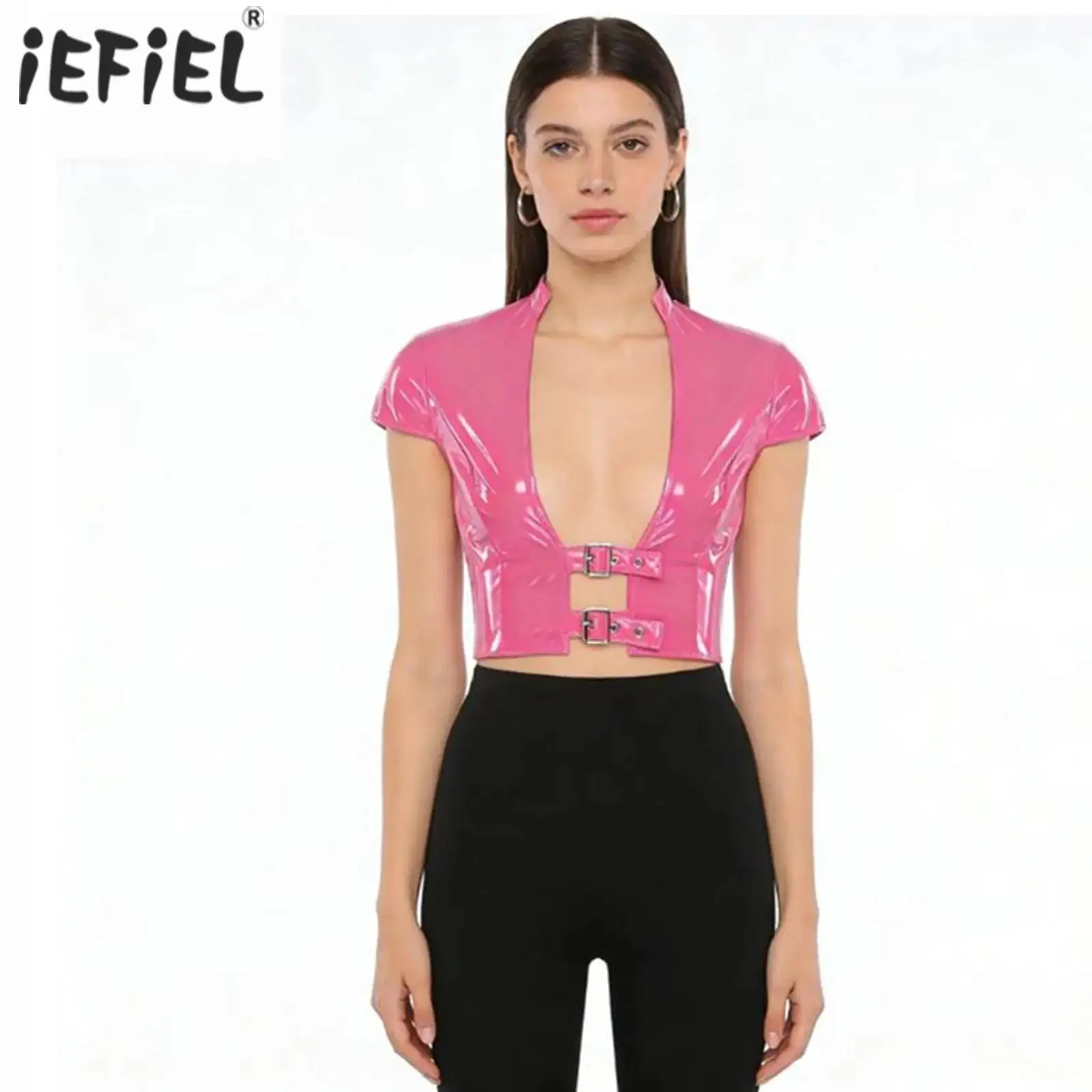

Womens PU Leather Latex Crop Top Corset Glossy Rave Disco Wet Look Clubwear Open Front with Adjustable Buckles Cap Sleeve Crop