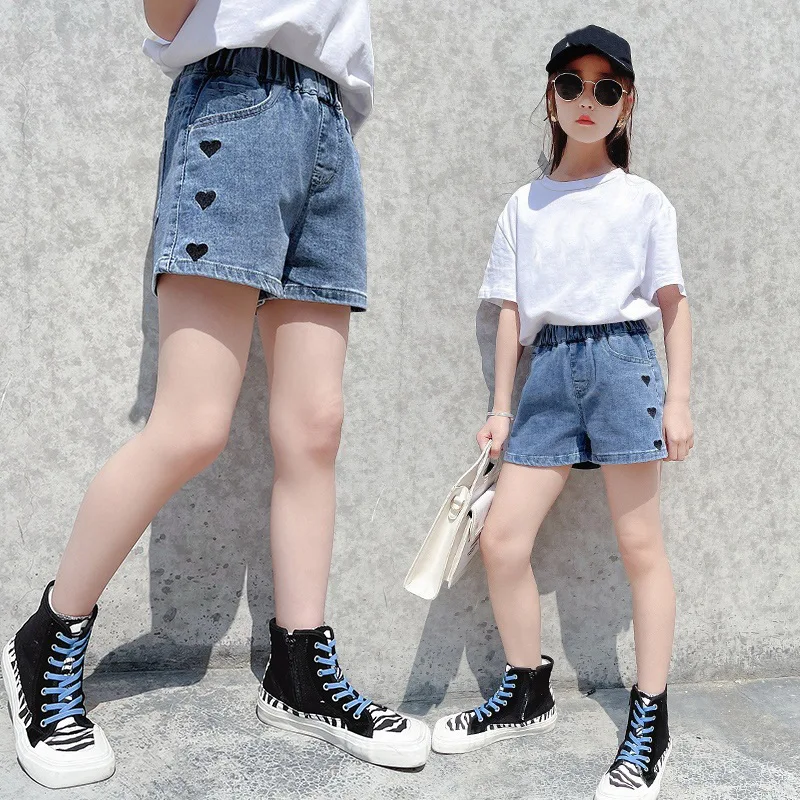 Girls Shorts for Summer Cotton Big Kids Thin Jeans Hot Short Pants Fashion Pure Color Denim Elastic Waist Broken Shorts 8 12Yrs