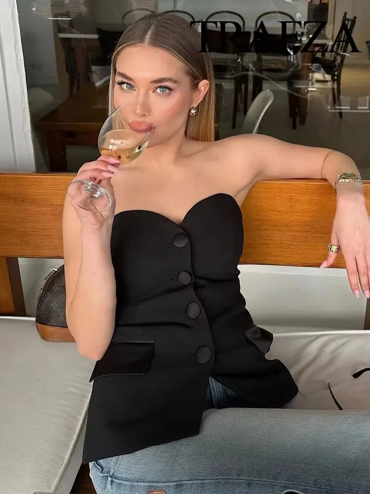 HH Donne di Estate Elegante Top Bianco Bottone Frontale Corsetto Tubo Top Senza Spalline Senza Maniche 2024 di Modo Y2k Femminile Chic Top