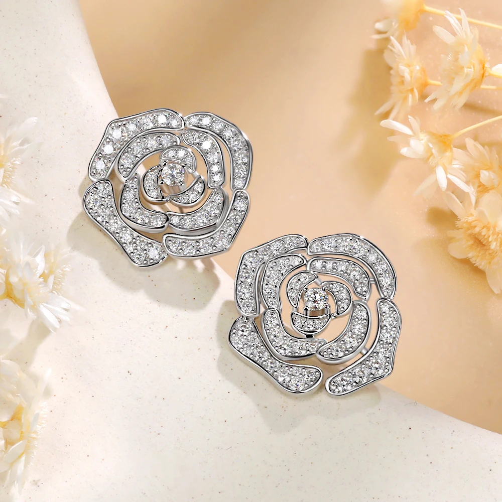 M-JAJA 1.18ct Full Moissanite Flower Stud Earrings 18K White Gold Plated S925 Sterling Silver Halo Diamond Earrings Fine Jewelry
