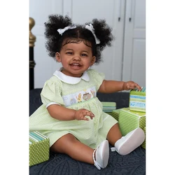 60cm Dark Brown Skin Reborn Toddler Girl Doll Mila Happy Baby Rooted Hair High Quality Collectible Art Doll
