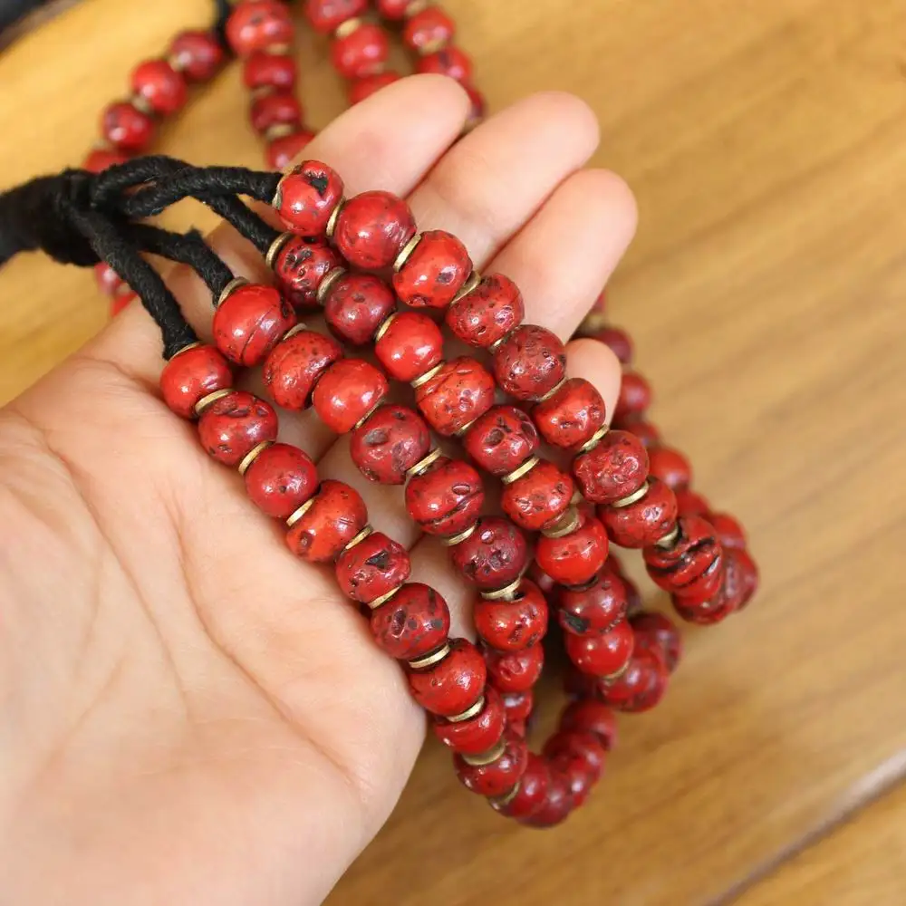 NK256 Ethnic Tibetan Jewelry 4 Rows Brass Metal 10mm Red Glass Beaded Necklace For Women