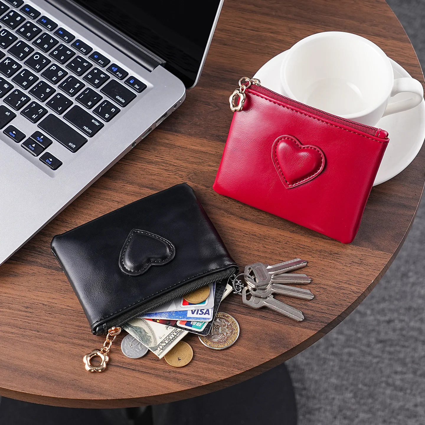 Mini Coin Purse Women Wallet Fashion PU Leather Heart Shaped Card Holder Zipper Pouch Key Storage Bag for Women