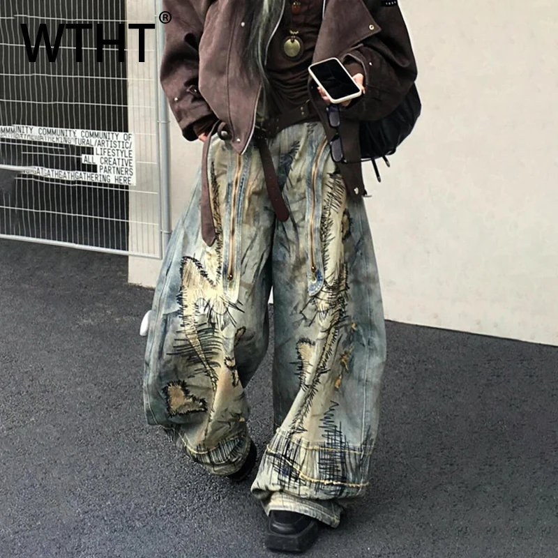 

WTHT Fashion Men's Irregular Embroidery Patchwork Denim Pants Trendy 2025 Summer High-waisted Loose Wide Leg Jeans Male 2A0504