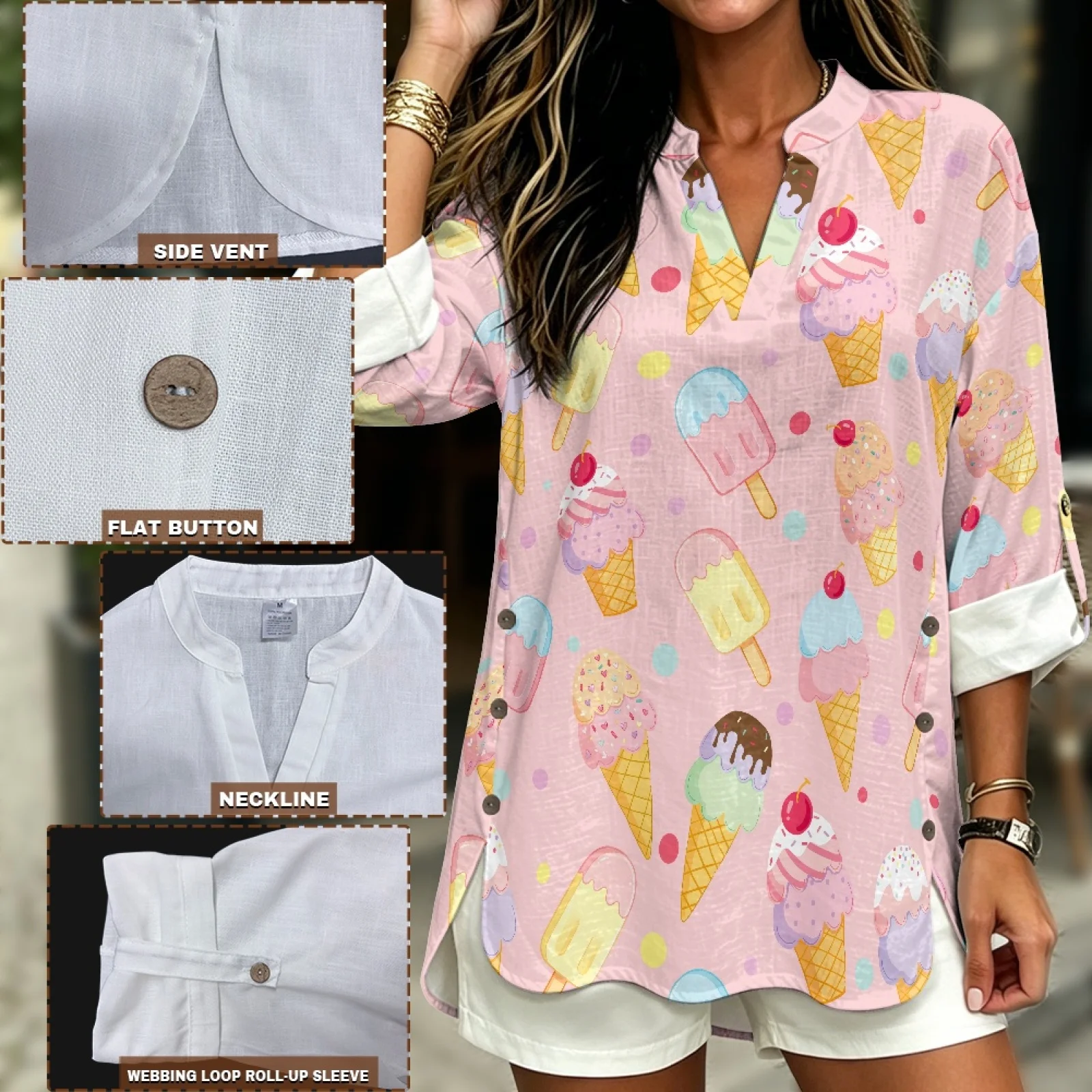 PENSTROLL Ice Cream Polka Dot Linen Style Tunic Blouse for Daily Wear Relaxed Fit Womens Long Sleeve Tops Tunic Dress Shirts view 5