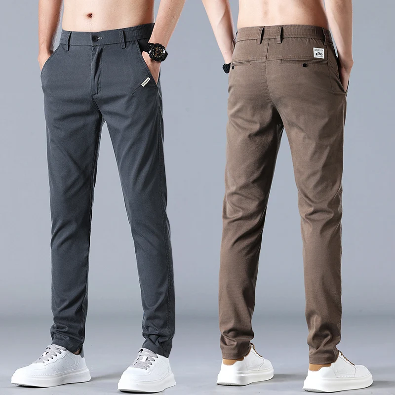 Pantaloni casual da uomo in tessuto Lyocell elasticizzato sottile di nuova marca estiva Pantaloni da caffè grigi da lavoro in vita elastica sottile