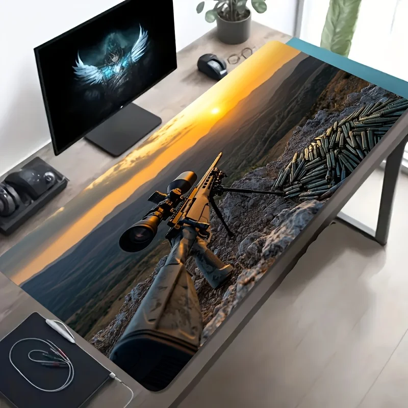 Sniper Rifle Sunset Mountain Oversized Gaming Mouse Pad Non-Slip Rubber Desk Mat for Office