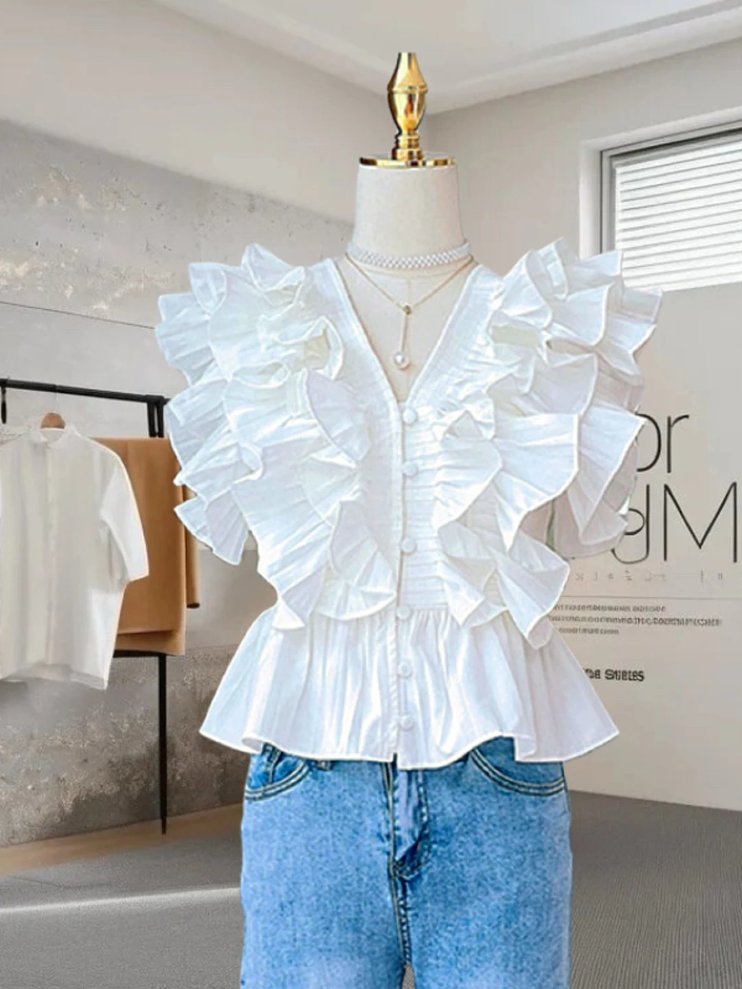 Bianco V-Ne Flounce Svel irt Donna Estate Fiocco di neve Bambola Dolce Top Coreano Sle Slim Fit Bottone Dettaglio Vita raccolta